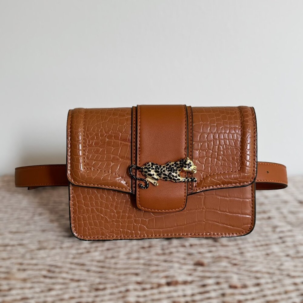 Topshop Leopard Brown Faux Leather Adjustable Waist Belt Bag - Picture 3 of 9